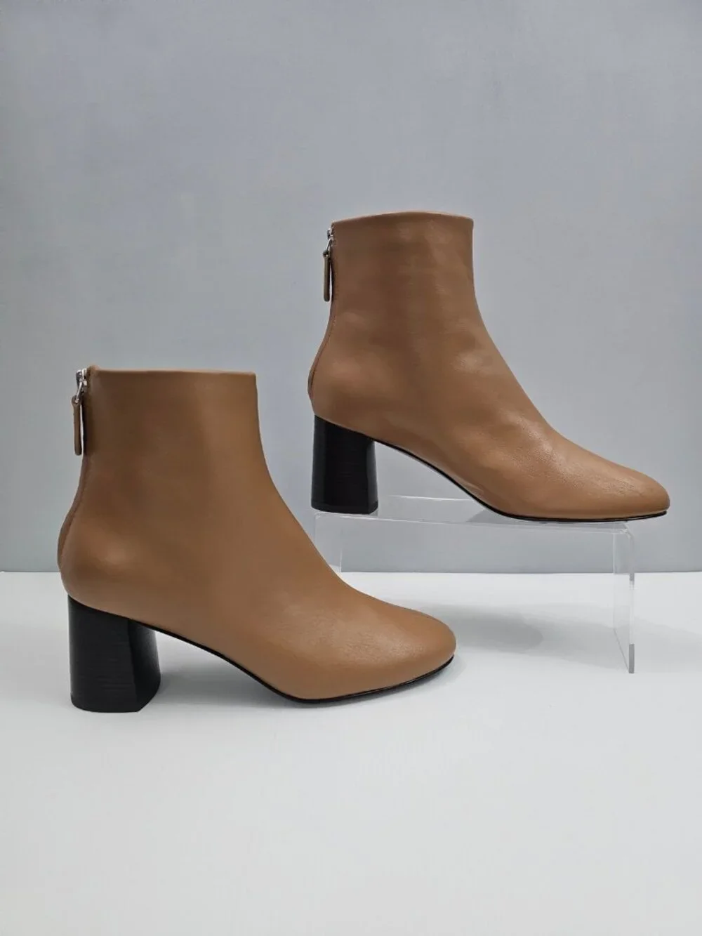 3.1 Phillip Lim Nadia Camel Brown Leather Ankle Boot Block Heel Back Zip EU 39